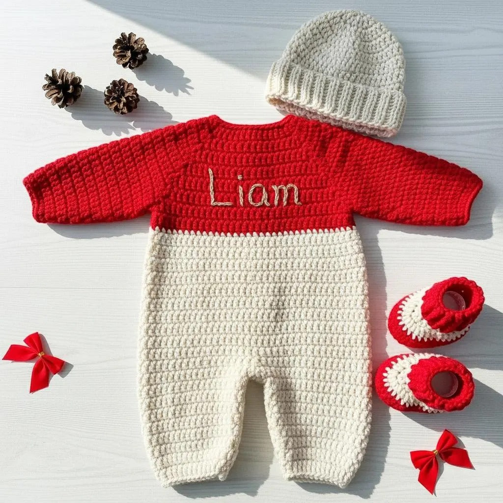 Crochet Baby Christmas Outfit, Handmade Reindeer Romper with Hat & Booties, Newborn Photo Prop