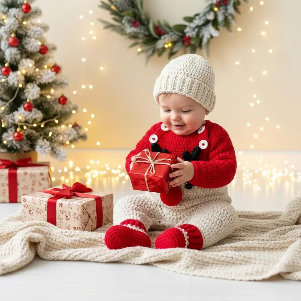 Crochet Baby Christmas Outfit, Handmade Reindeer Romper with Hat & Booties, Newborn Photo Prop