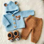 Handmade Crochet Teddy Bear Baby Outfit, Blue Hooded Cardigan Pants & Booties Set, Newborn Coming Home Outfit, Baby Shower Gift