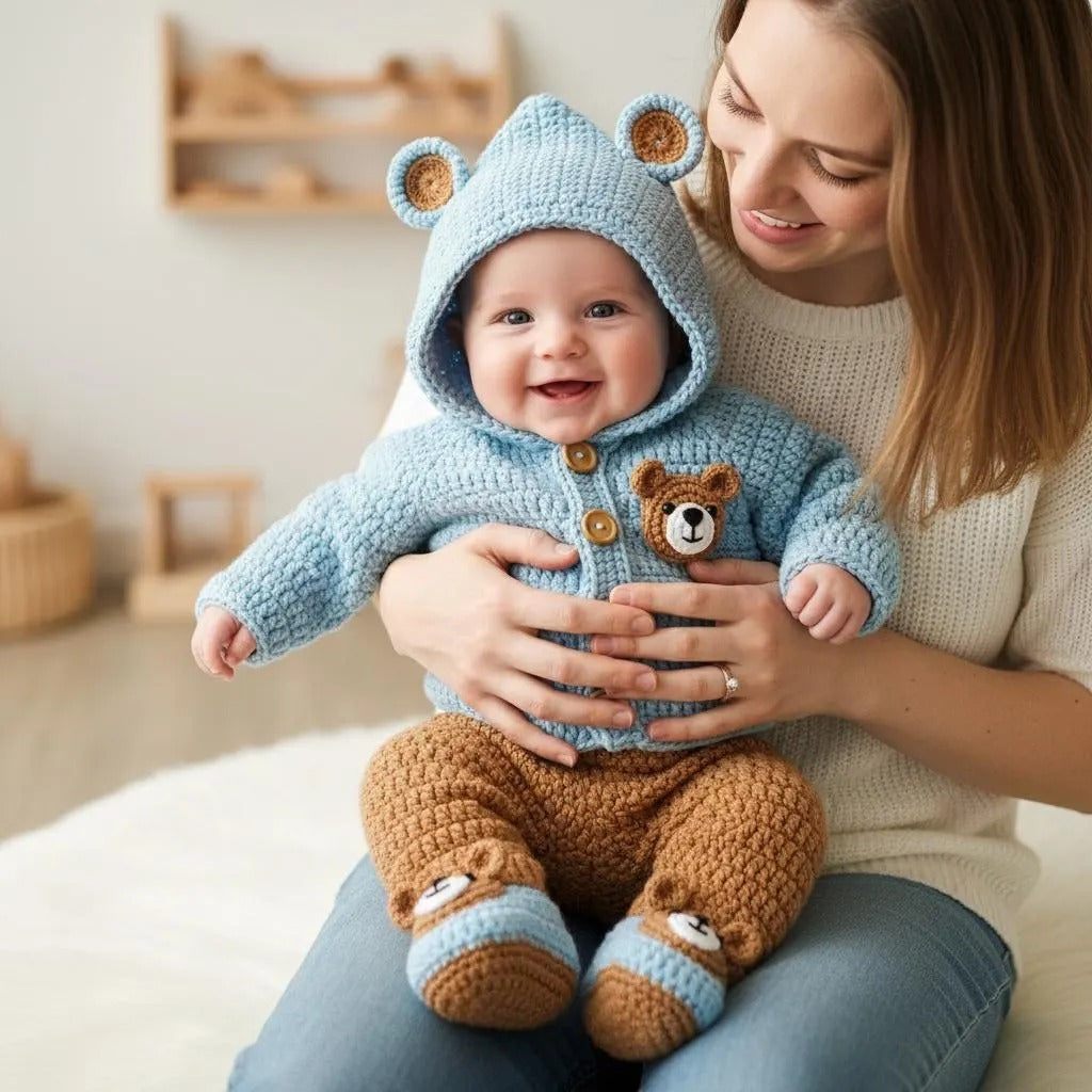Handmade Crochet Teddy Bear Baby Outfit, Blue Hooded Cardigan Pants & Booties Set, Newborn Coming Home Outfit, Baby Shower Gift