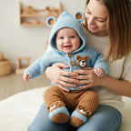 Handmade Crochet Teddy Bear Baby Outfit, Blue Hooded Cardigan Pants & Booties Set, Newborn Coming Home Outfit, Baby Shower Gift