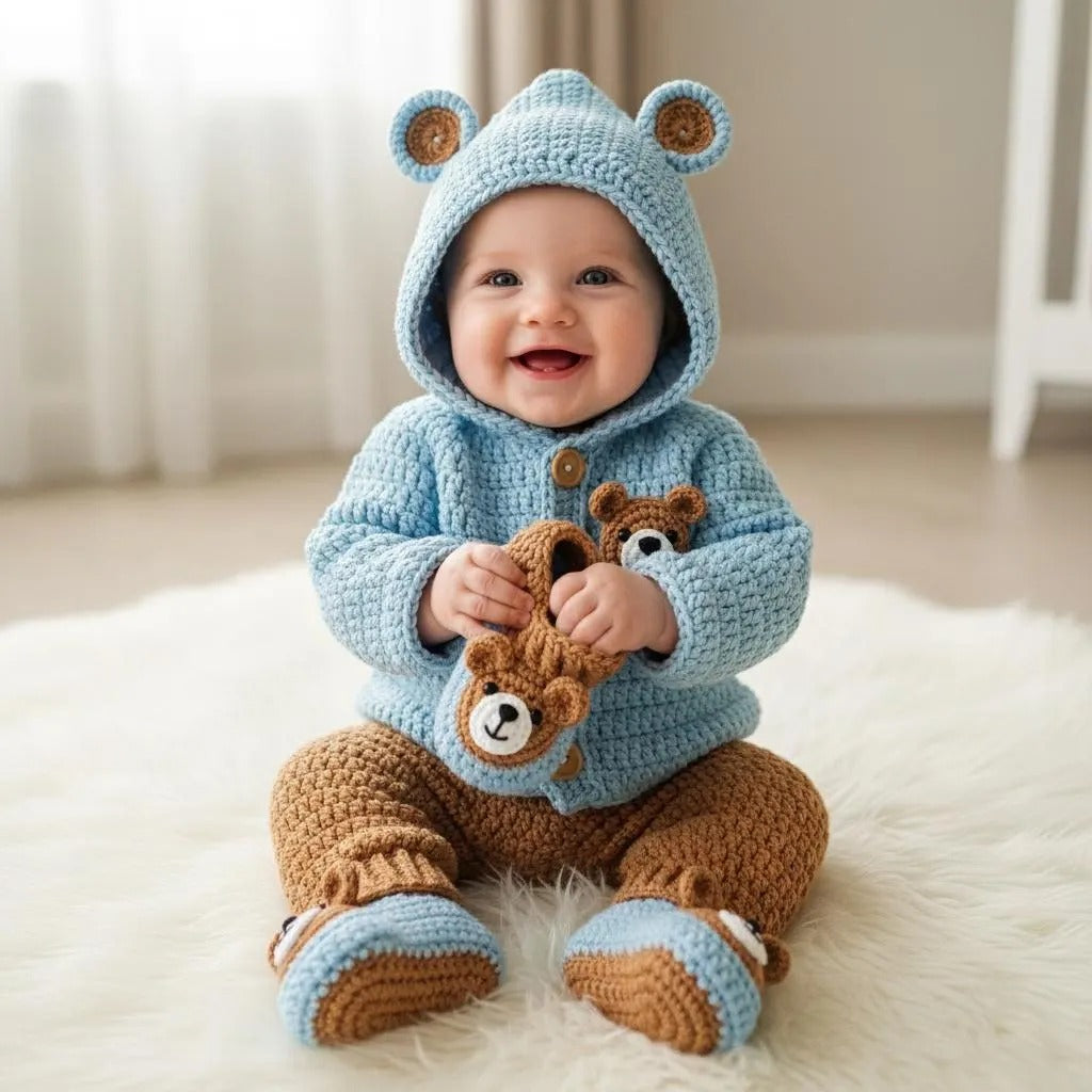 Handmade Crochet Teddy Bear Baby Outfit, Blue Hooded Cardigan Pants & Booties Set, Newborn Coming Home Outfit, Baby Shower Gift