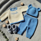 Crochet Baby Outfit Set, Bunny Sweater, Blue Pants, Bear Ear Hat and Booties, Newborn Photo Prop, Coming Home Outfit, Baby Shower Gift