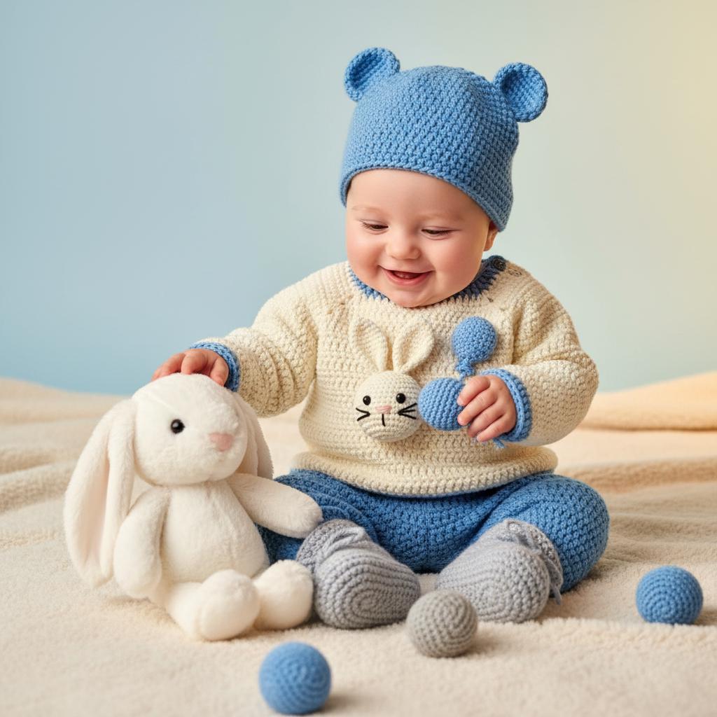 Crochet Baby Outfit Set, Bunny Sweater, Blue Pants, Bear Ear Hat and Booties, Newborn Photo Prop, Coming Home Outfit, Baby Shower Gift
