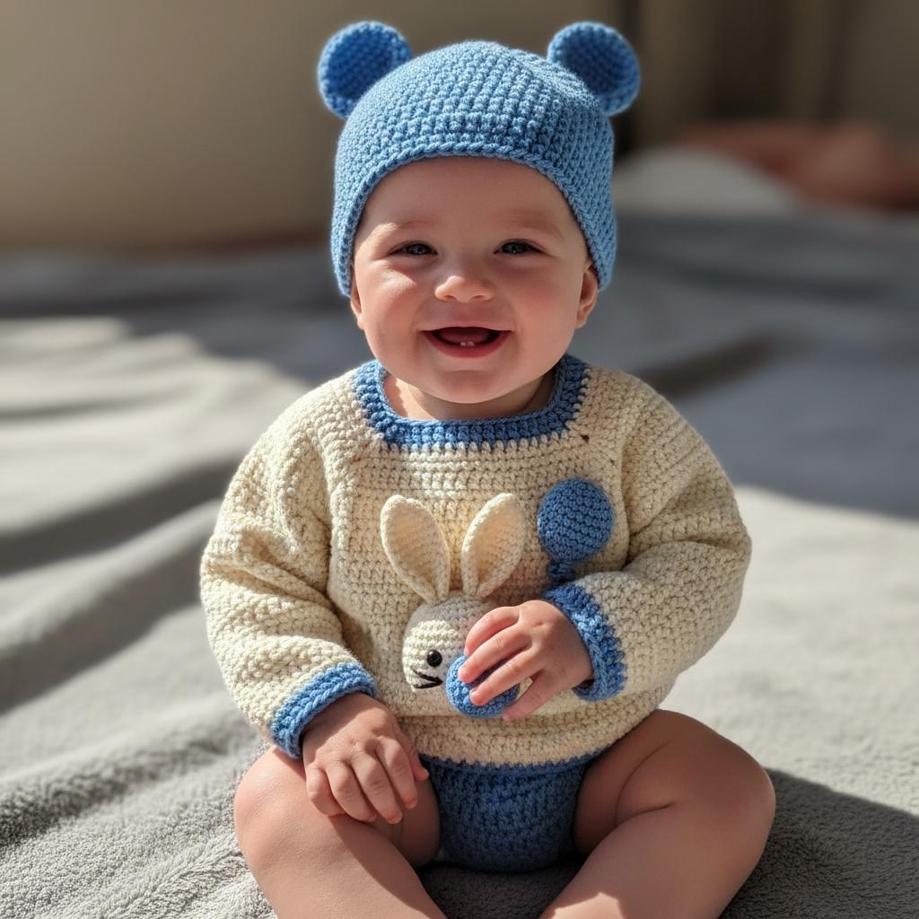 Crochet Baby Outfit Set, Bunny Sweater, Blue Pants, Bear Ear Hat and Booties, Newborn Photo Prop, Coming Home Outfit, Baby Shower Gift