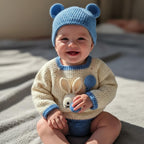 Crochet Baby Outfit Set, Bunny Sweater, Blue Pants, Bear Ear Hat and Booties, Newborn Photo Prop, Coming Home Outfit, Baby Shower Gift