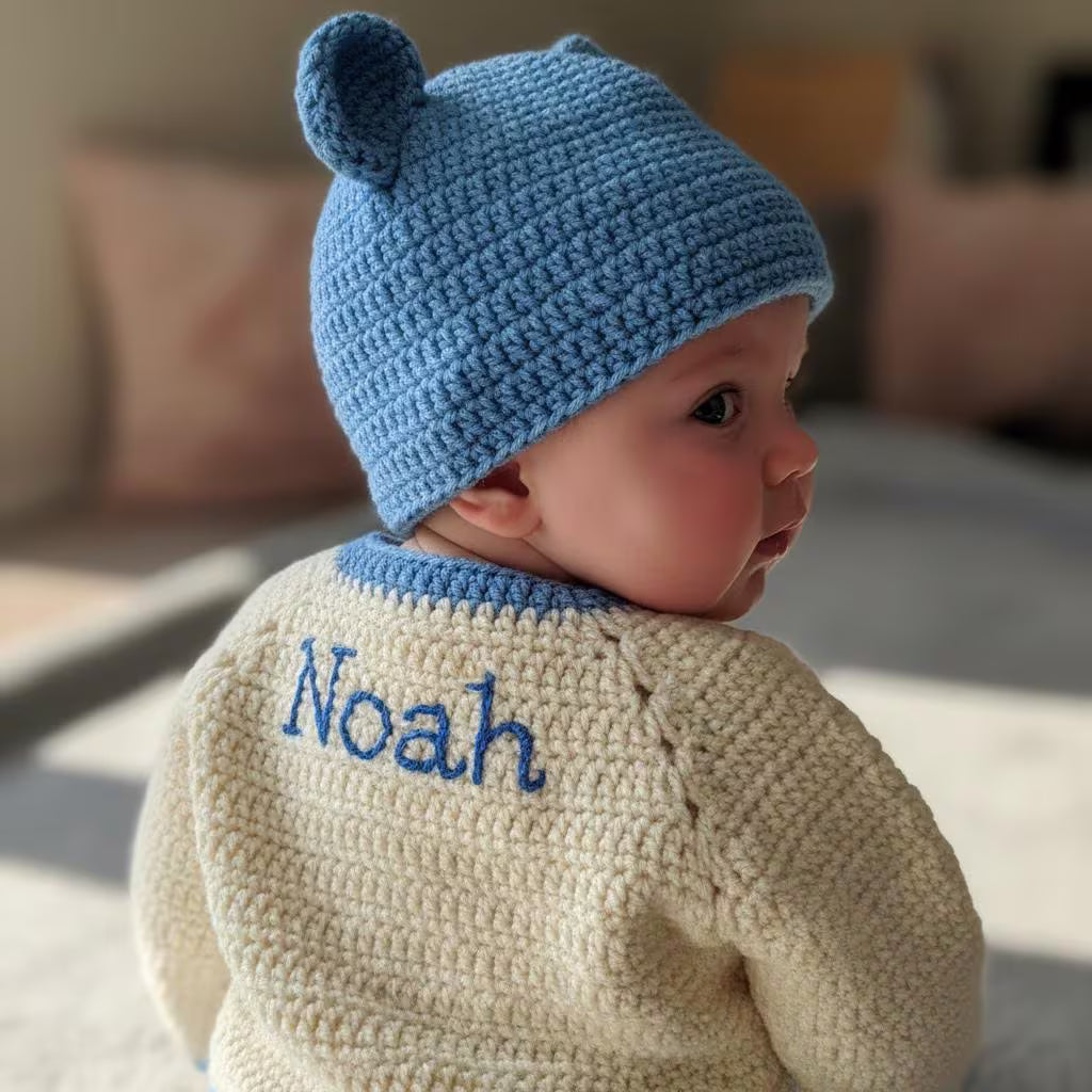 Crochet Baby Outfit Set, Bunny Sweater, Blue Pants, Bear Ear Hat and Booties, Newborn Photo Prop, Coming Home Outfit, Baby Shower Gift