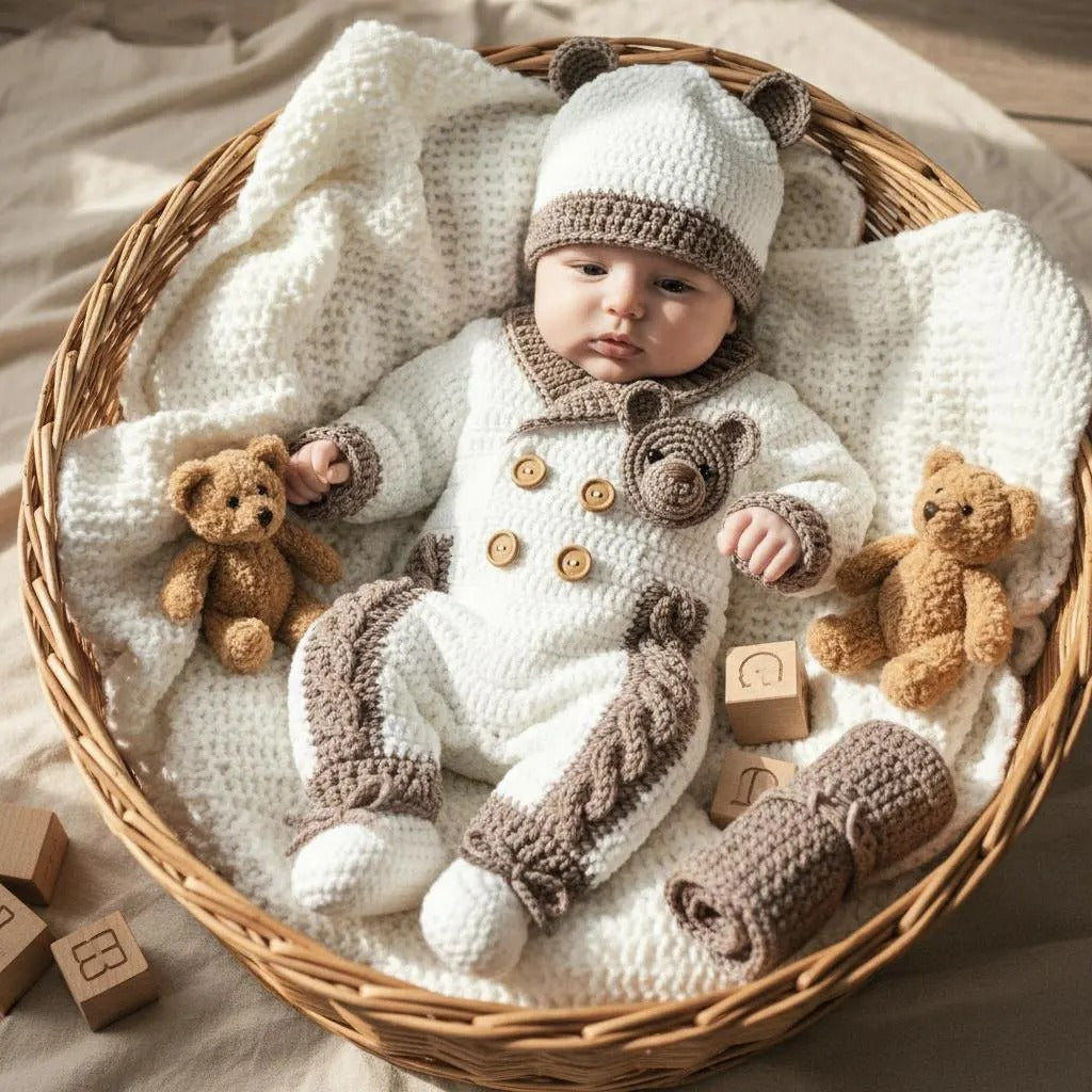 Crochet Teddy Bear Baby Outfit, Handmade Romper Hat & Booties Set, Newborn Coming Home Outfit, Baby Shower Gift