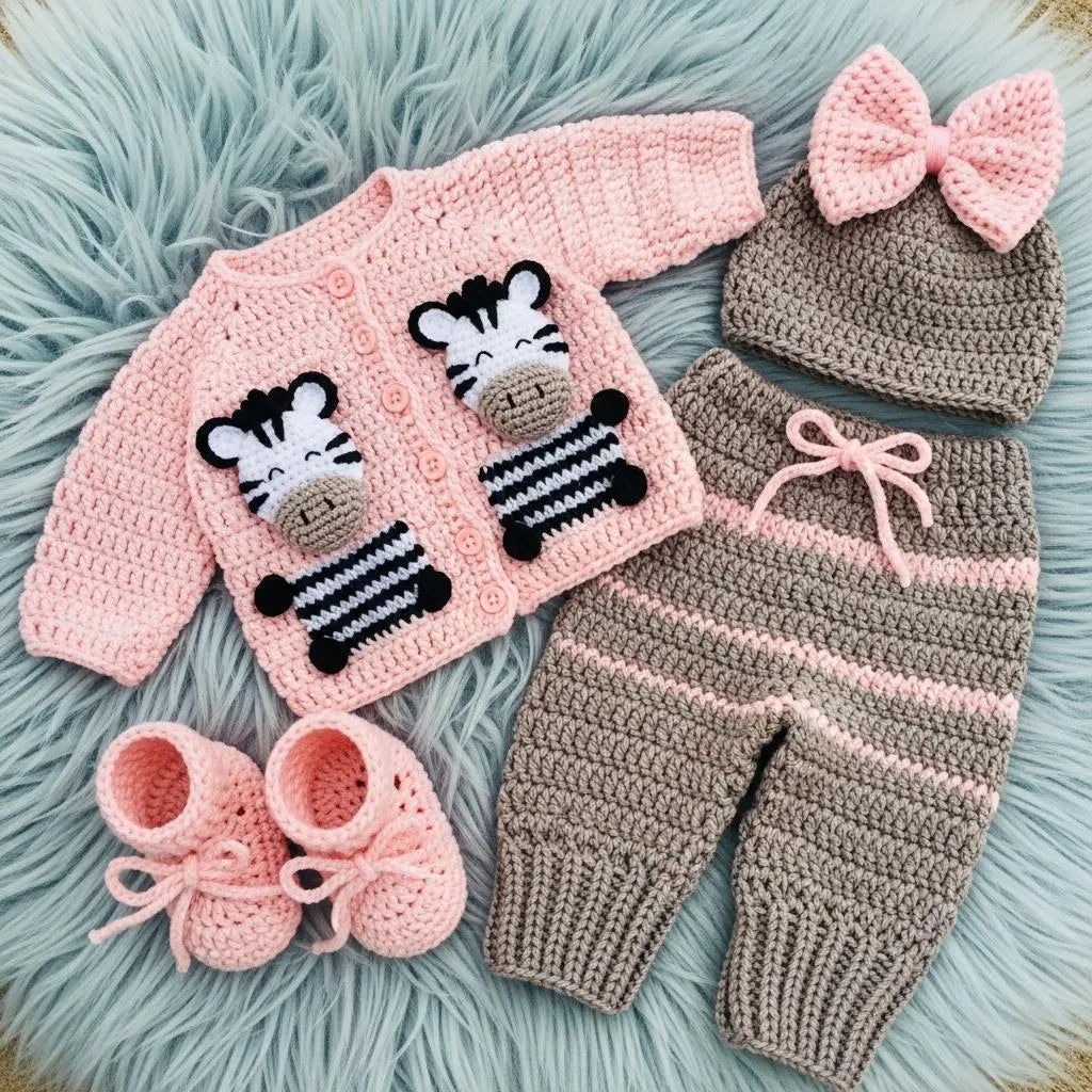 Crochet Zebra Baby Outfit Set, Pink Cardigan, Pants, Bow Hat and Booties, Newborn Photo Prop, Coming Home Outfit, Baby Shower Gift