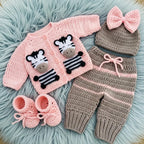 Crochet Zebra Baby Outfit Set, Pink Cardigan, Pants, Bow Hat and Booties, Newborn Photo Prop, Coming Home Outfit, Baby Shower Gift