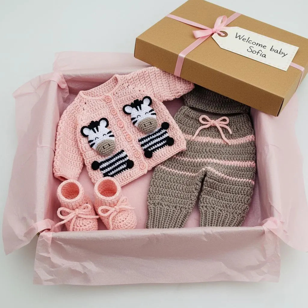 Crochet Zebra Baby Outfit Set, Pink Cardigan, Pants, Bow Hat and Booties, Newborn Photo Prop, Coming Home Outfit, Baby Shower Gift