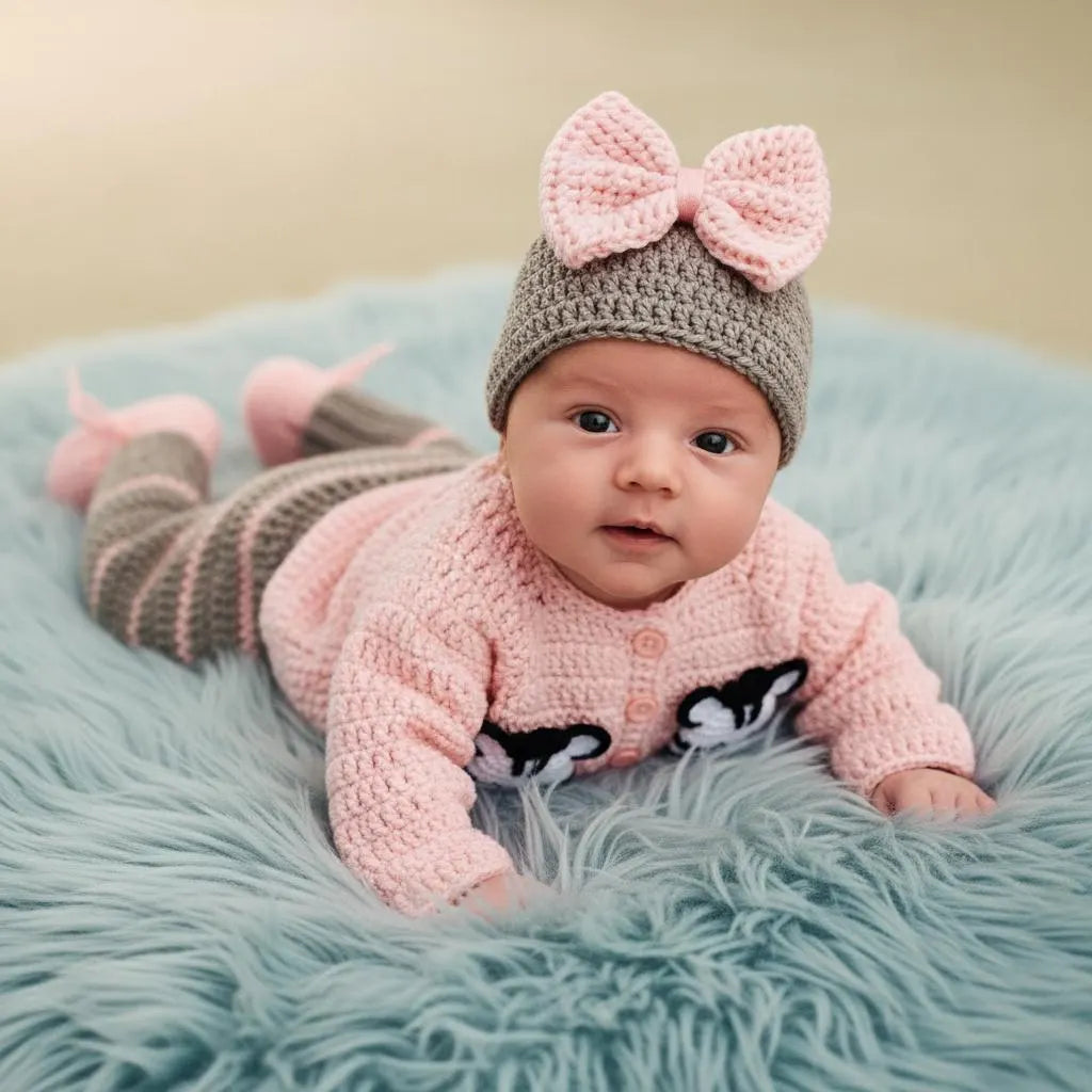 Crochet Zebra Baby Outfit Set, Pink Cardigan, Pants, Bow Hat and Booties, Newborn Photo Prop, Coming Home Outfit, Baby Shower Gift
