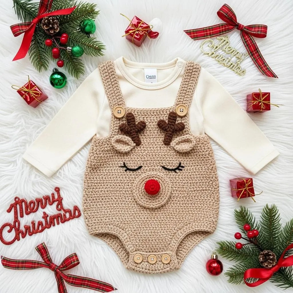 Crochet Reindeer Baby Romper, Handmade Christmas Overalls, Newborn Photo Prop, Baby’s First Christmas Outfit, Holiday Baby Gift