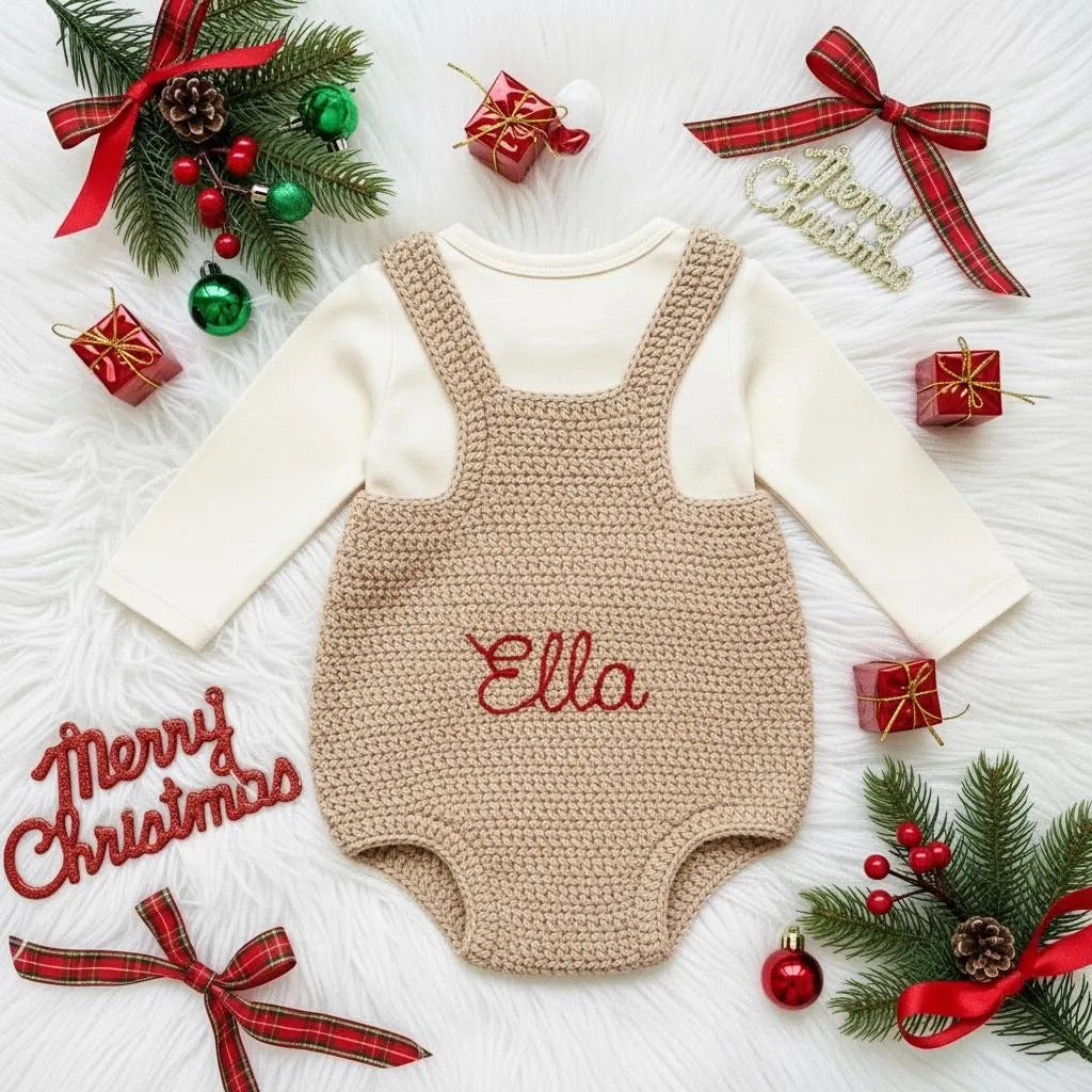 Crochet Reindeer Baby Romper, Handmade Christmas Overalls, Newborn Photo Prop, Baby’s First Christmas Outfit, Holiday Baby Gift