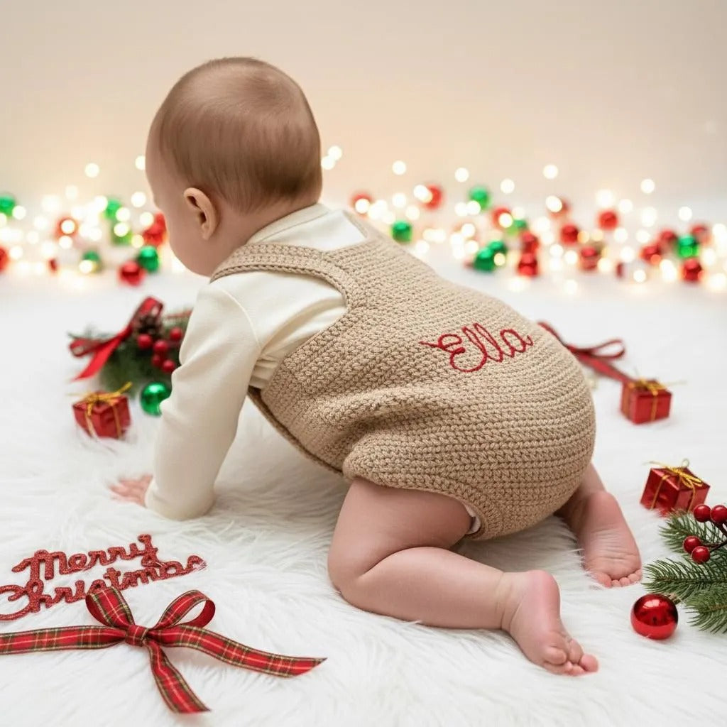 Crochet Reindeer Baby Romper, Handmade Christmas Overalls, Newborn Photo Prop, Baby’s First Christmas Outfit, Holiday Baby Gift