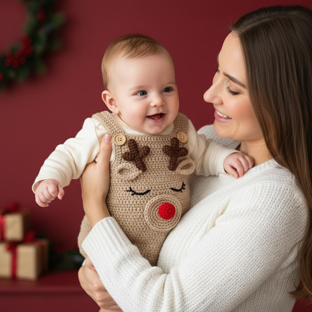 Crochet Reindeer Baby Romper, Handmade Christmas Overalls, Newborn Photo Prop, Baby’s First Christmas Outfit, Holiday Baby Gift