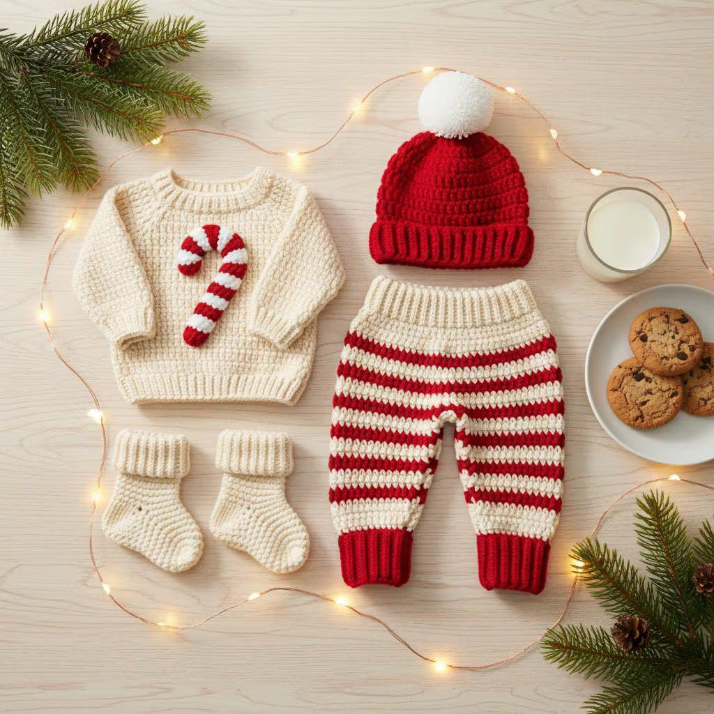 Crochet Baby Christmas Outfit, Candy Cane Sweater Set with Hat, Pants and Booties, Newborn Photo Prop, Baby’s First Christmas Gift