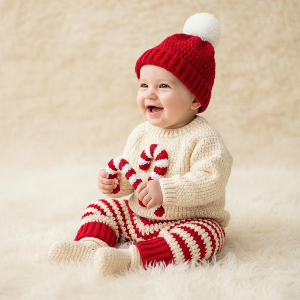 Crochet Baby Christmas Outfit, Candy Cane Sweater Set with Hat, Pants and Booties, Newborn Photo Prop, Baby’s First Christmas Gift