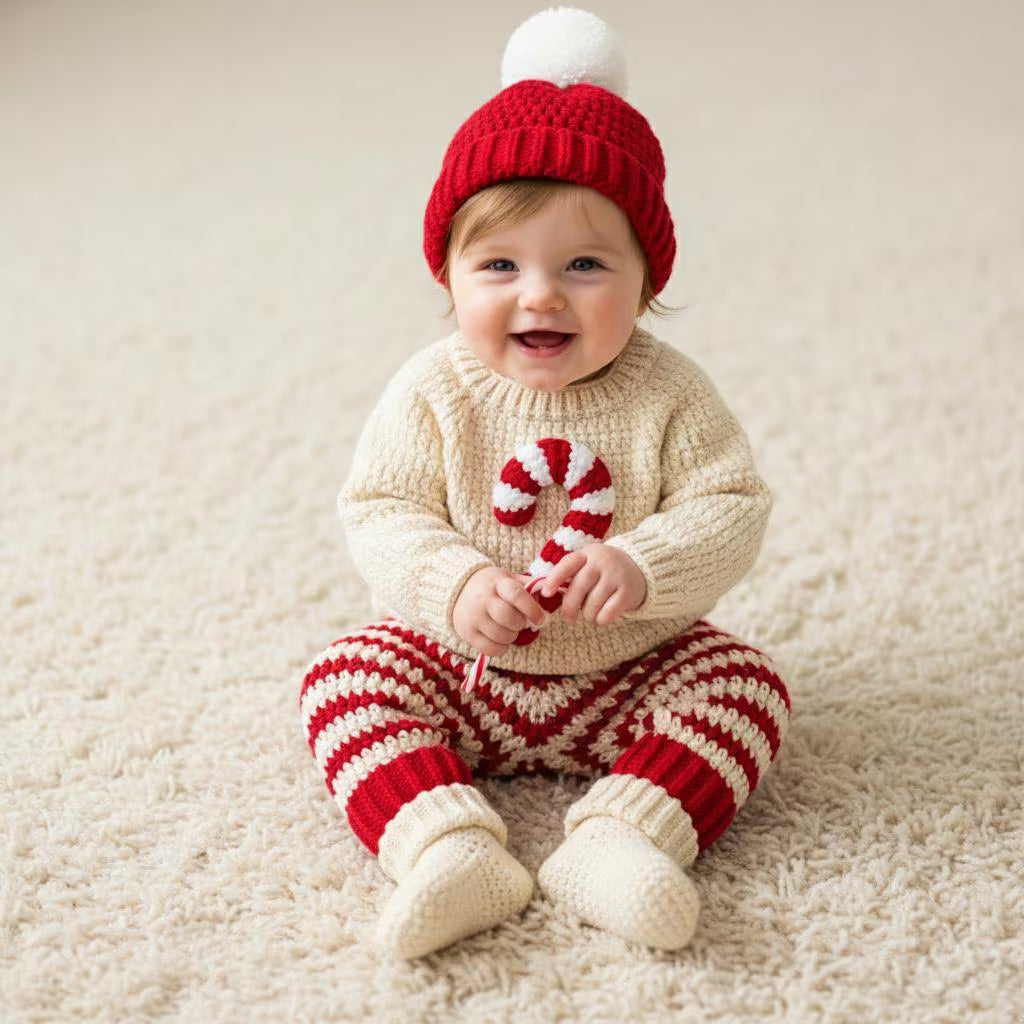 Crochet Baby Christmas Outfit, Candy Cane Sweater Set with Hat, Pants and Booties, Newborn Photo Prop, Baby’s First Christmas Gift