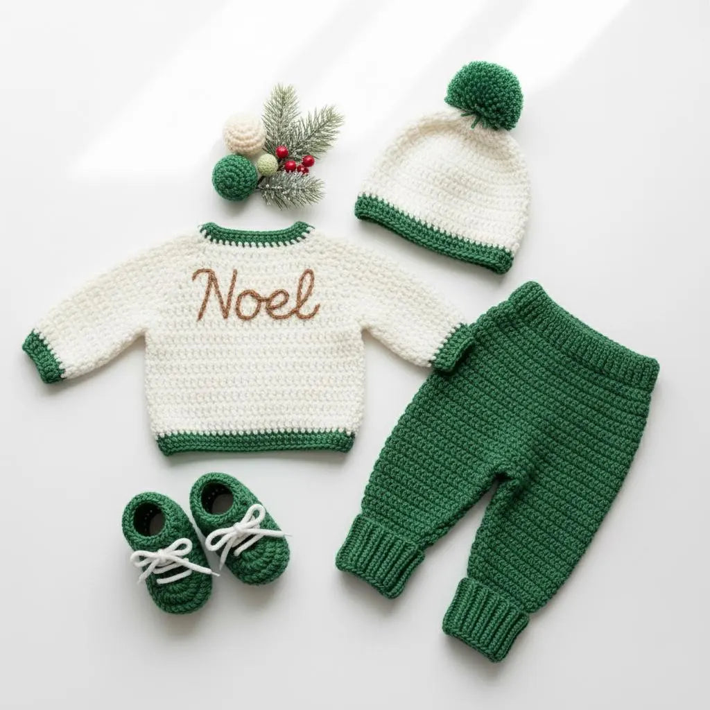 Crochet Reindeer Baby Outfit Set, Cardigan Pants Hat and Booties, Newborn Christmas Photo Prop, Coming Home Outfit, Baby Shower Gift