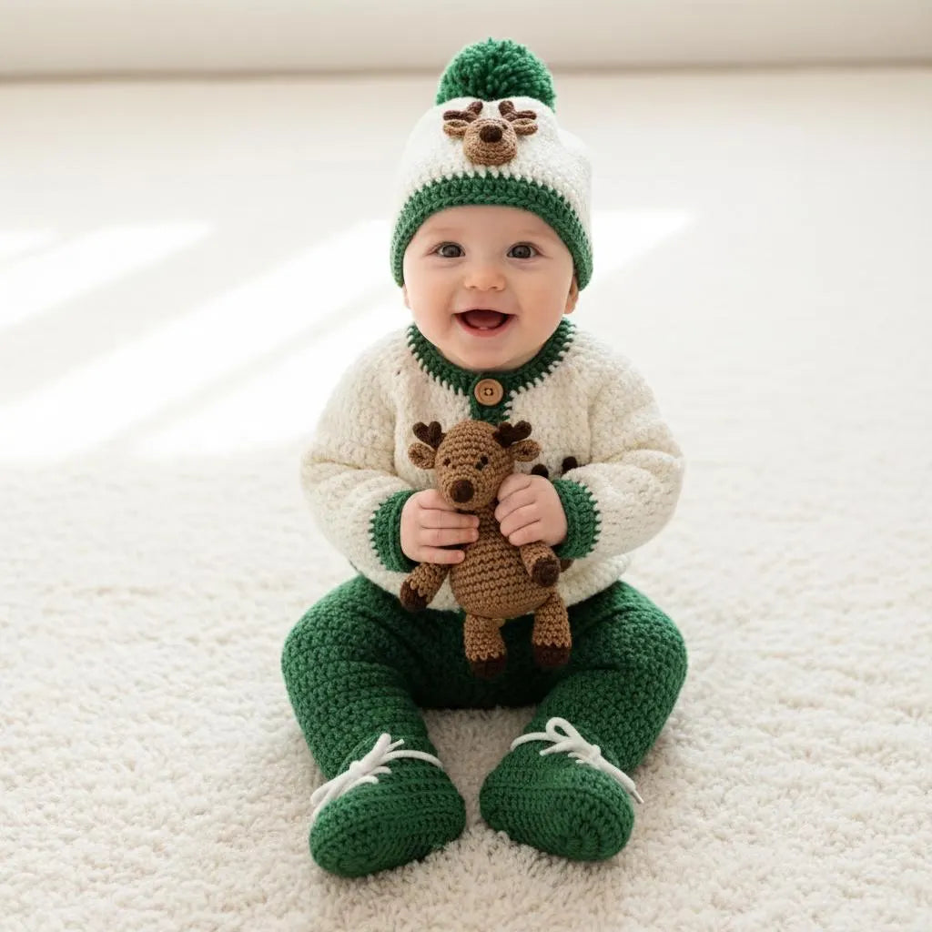 Crochet Reindeer Baby Outfit Set, Cardigan Pants Hat and Booties, Newborn Christmas Photo Prop, Coming Home Outfit, Baby Shower Gift