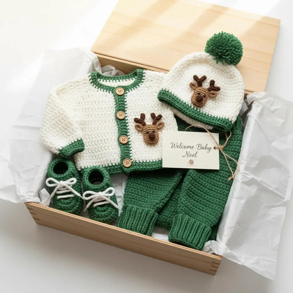 Crochet Reindeer Baby Outfit Set, Cardigan Pants Hat and Booties, Newborn Christmas Photo Prop, Coming Home Outfit, Baby Shower Gift