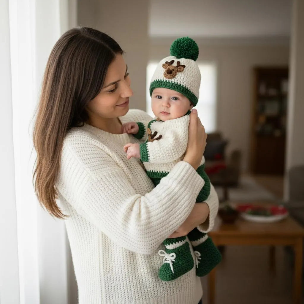 Crochet Reindeer Baby Outfit Set, Cardigan Pants Hat and Booties, Newborn Christmas Photo Prop, Coming Home Outfit, Baby Shower Gift