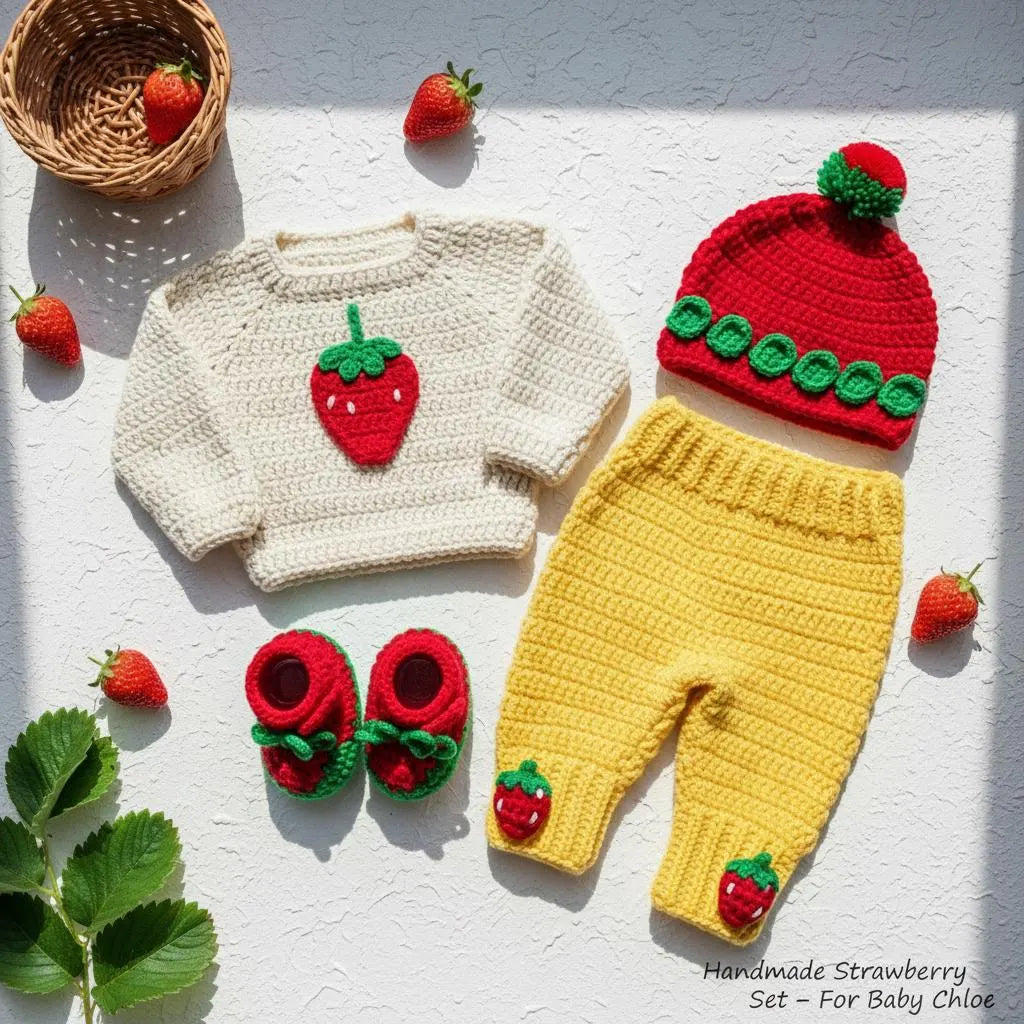Crochet Strawberry Baby Outfit Set, Sweater Pants Hat and Booties, Newborn Photo Prop, Berry First Birthday, Baby Shower Gift