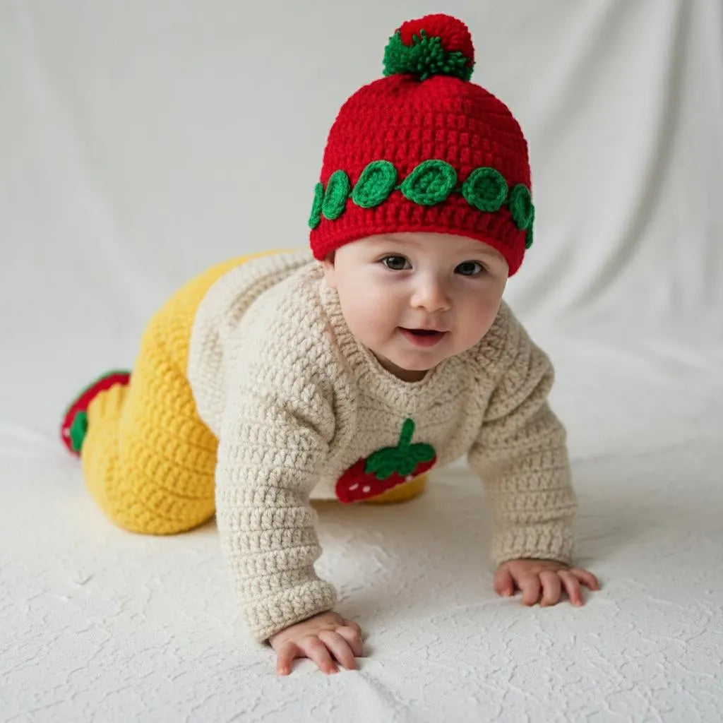Crochet Strawberry Baby Outfit Set, Sweater Pants Hat and Booties, Newborn Photo Prop, Berry First Birthday, Baby Shower Gift