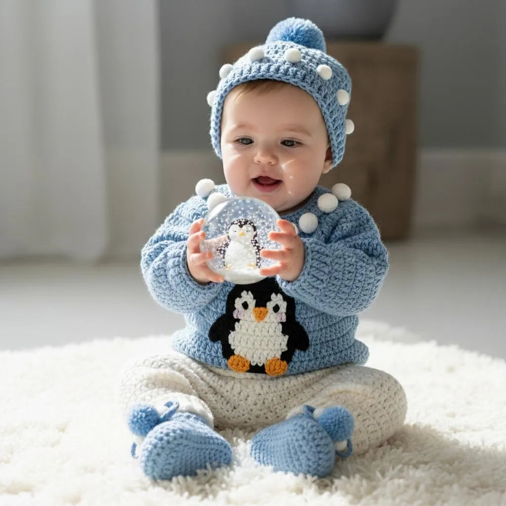 Crochet Penguin Baby Outfit Set, Blue Sweater, Pants, Pom Hat and Booties, Newborn Photo Prop, Coming Home Outfit, Baby Shower Gift