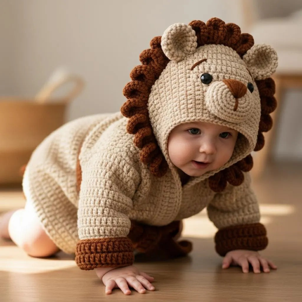 Personalized Crochet Lion Baby Outfit, Handmade Hooded Safari Animal Costume with Tail, Newborn Photo Prop, Baby Shower Gift