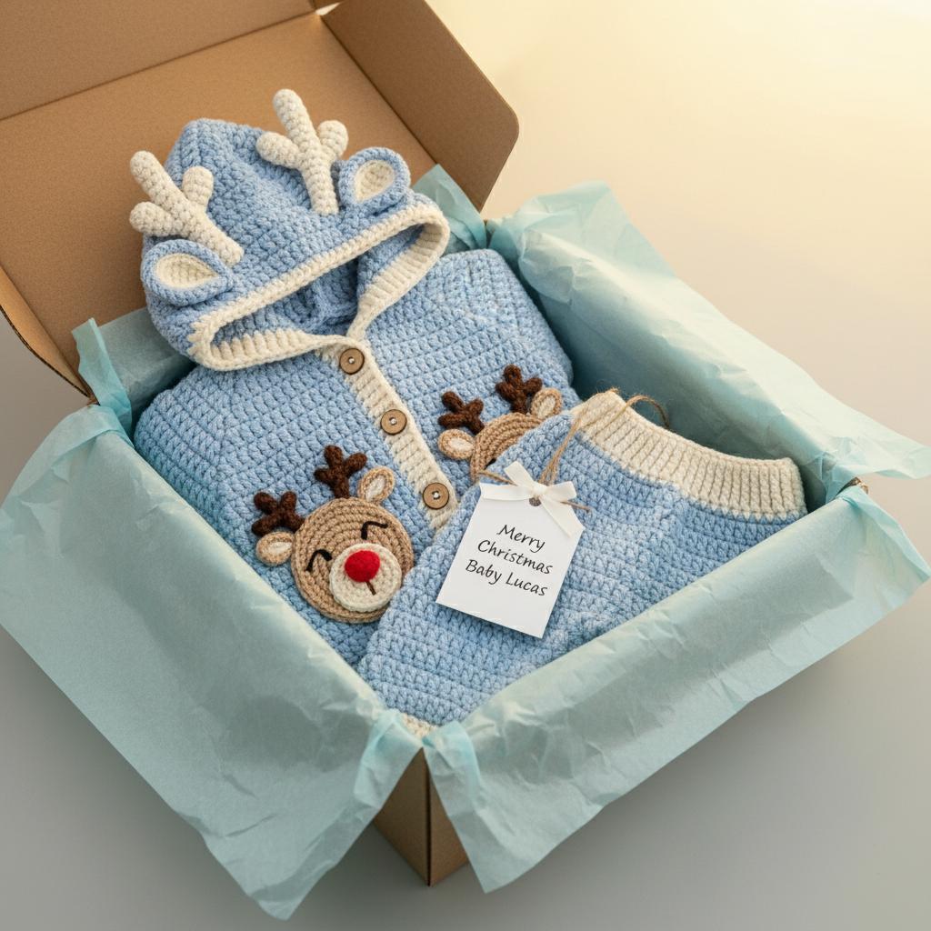 Crochet Reindeer Baby Outfit, Handmade Hooded Cardigan & Pants Set, Newborn Christmas Photo Prop, Baby’s First Christmas Gift