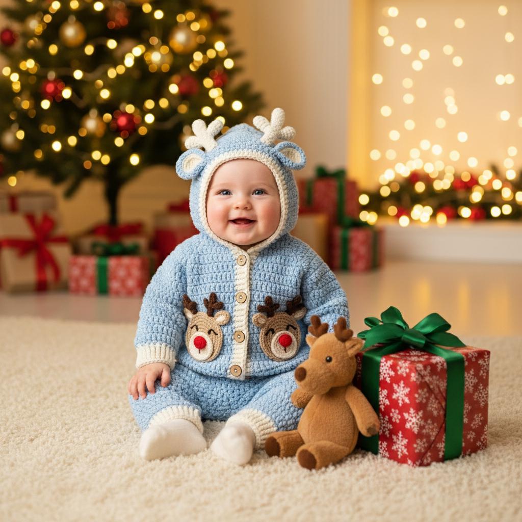 Crochet Reindeer Baby Outfit, Handmade Hooded Cardigan & Pants Set, Newborn Christmas Photo Prop, Baby’s First Christmas Gift