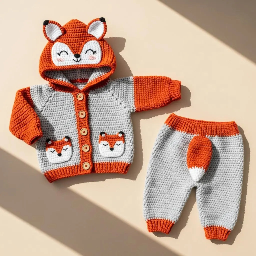 Crochet Fox Baby Outfit Set, Hooded Cardigan and Pants with Tail, Woodland Newborn Photo Prop, Baby Halloween Costume, Baby Shower Gift
