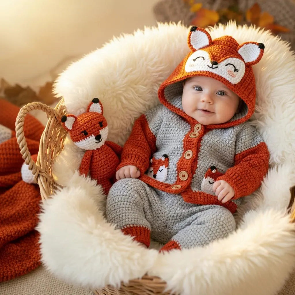 Crochet Fox Baby Outfit Set, Hooded Cardigan and Pants with Tail, Woodland Newborn Photo Prop, Baby Halloween Costume, Baby Shower Gift