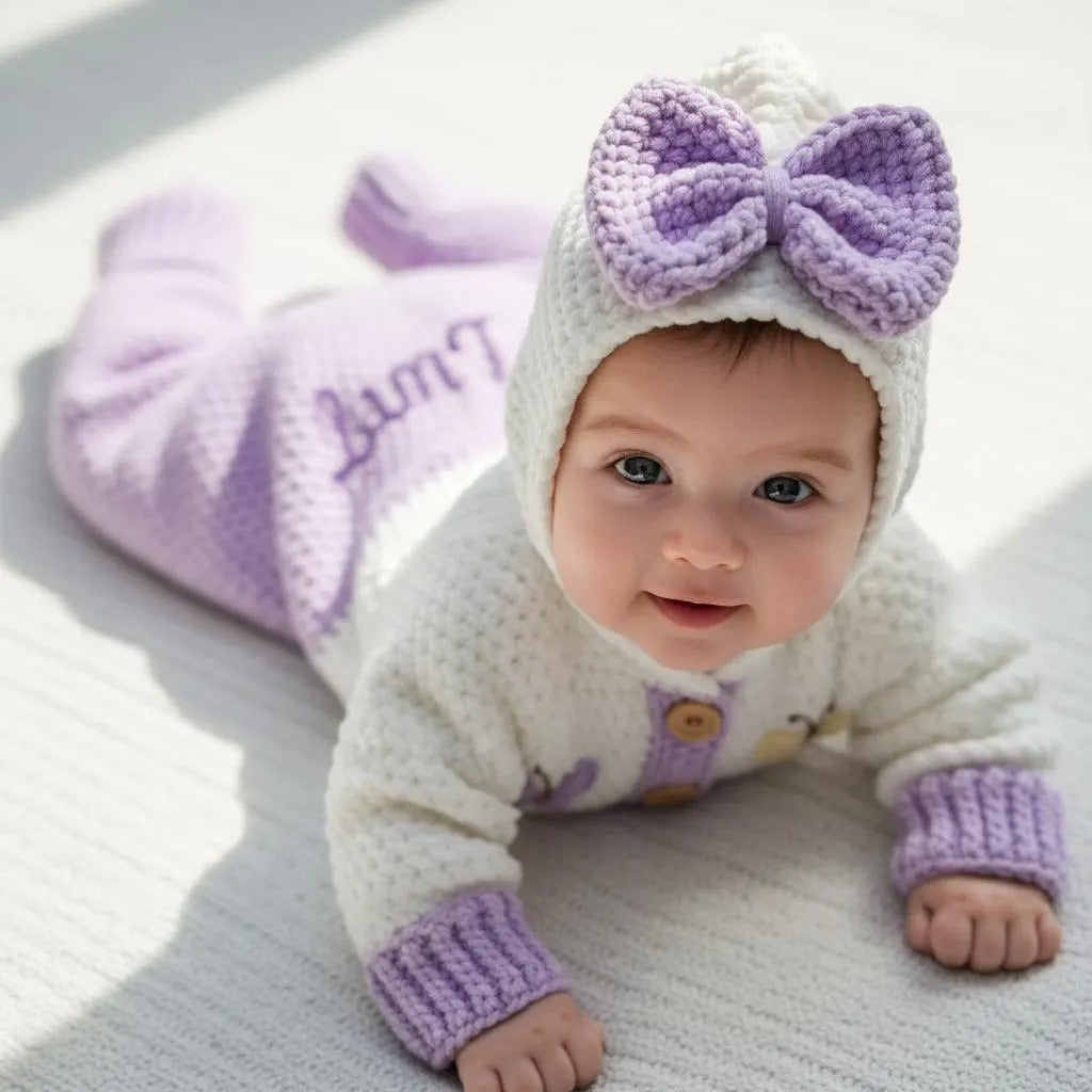 Crochet Baby Romper, Purple Butterfly Hooded Jumpsuit with Bow, Newborn Coming Home Outfit, Baby Girl Photo Prop, Baby Shower Gift