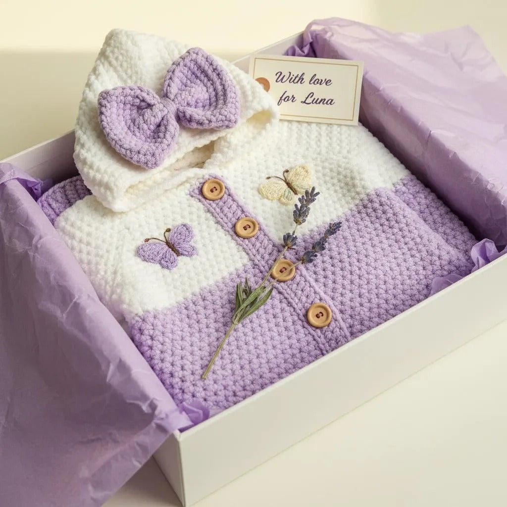 Crochet Baby Romper, Purple Butterfly Hooded Jumpsuit with Bow, Newborn Coming Home Outfit, Baby Girl Photo Prop, Baby Shower Gift