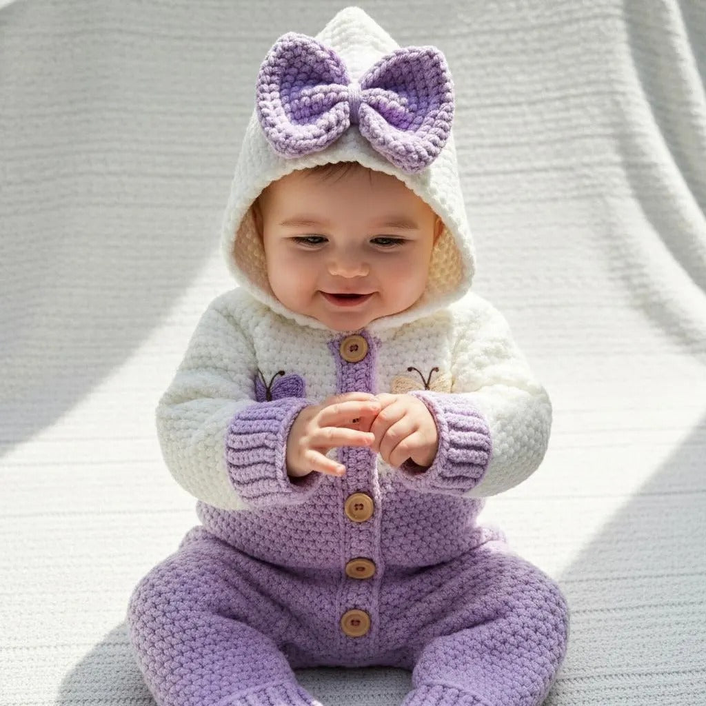 Crochet Baby Romper, Purple Butterfly Hooded Jumpsuit with Bow, Newborn Coming Home Outfit, Baby Girl Photo Prop, Baby Shower Gift