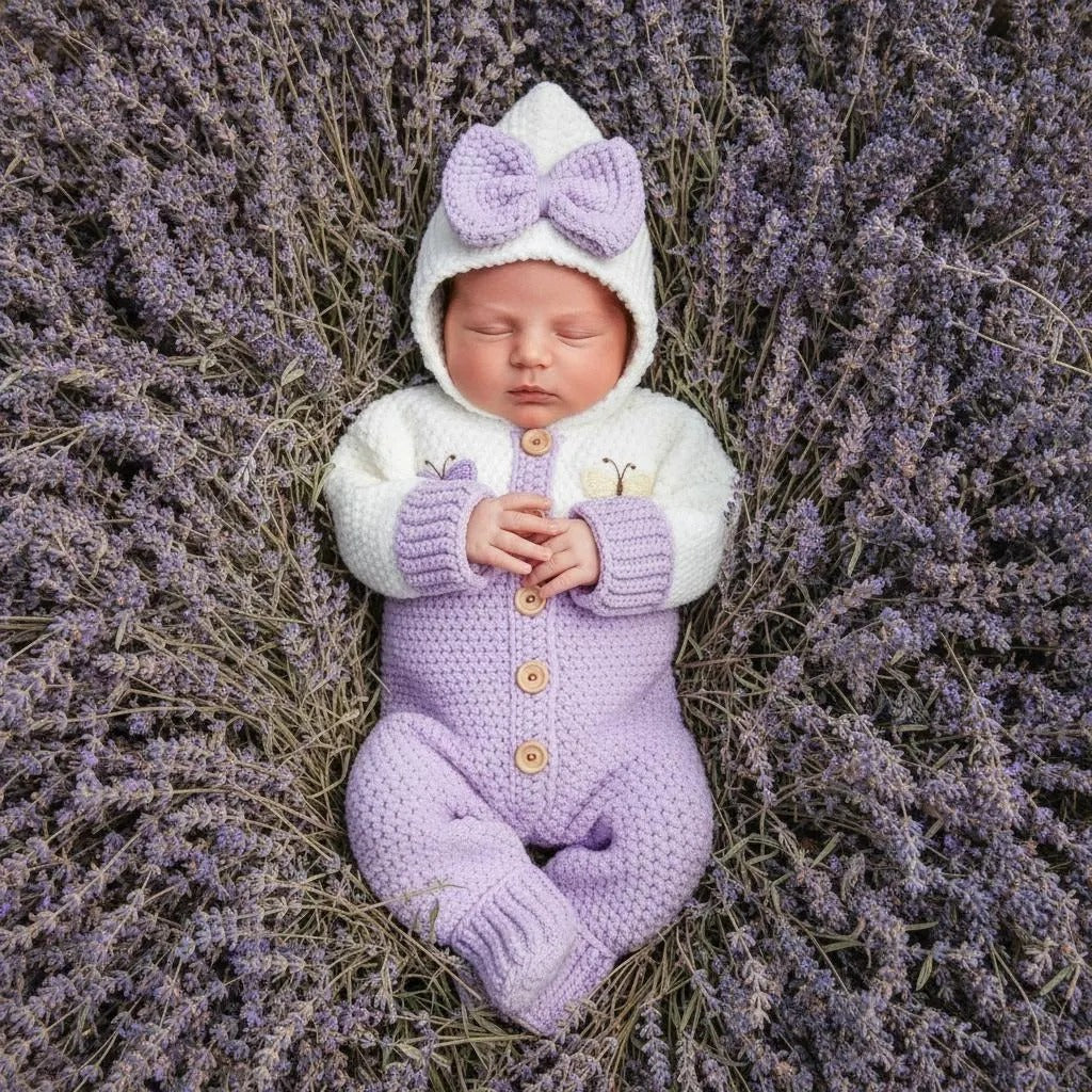 Crochet Baby Romper, Purple Butterfly Hooded Jumpsuit with Bow, Newborn Coming Home Outfit, Baby Girl Photo Prop, Baby Shower Gift