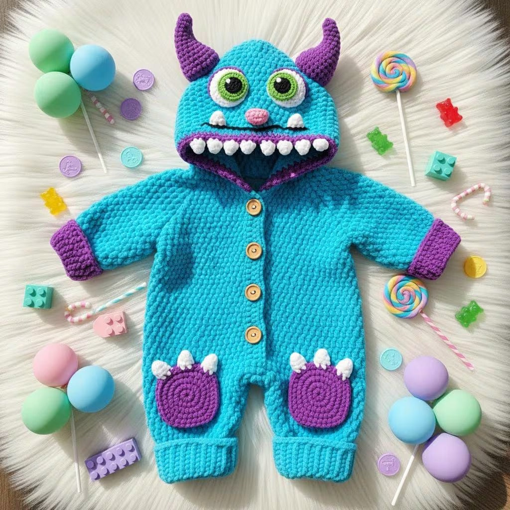 Crochet Blue Monster Baby Outfit, Hooded Romper with Horns, Newborn Halloween Costume, Infant Photo Prop, Baby Shower Gift