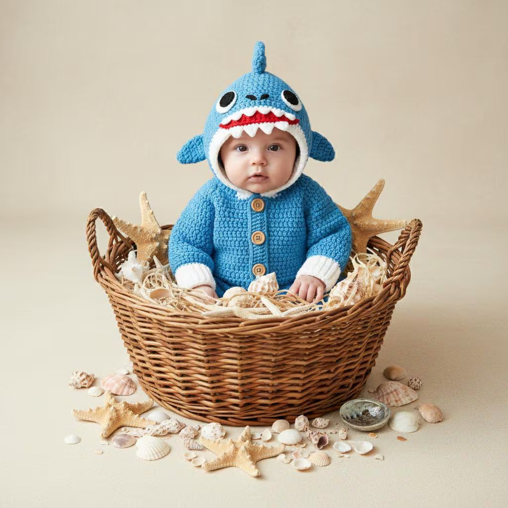 Crochet Shark Baby Outfit, Blue Hooded Romper, Newborn Photo Prop, Infant Halloween Costume, Ocean Theme Baby Shower Gift