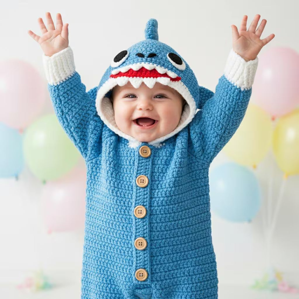 Crochet Shark Baby Outfit, Blue Hooded Romper, Newborn Photo Prop, Infant Halloween Costume, Ocean Theme Baby Shower Gift