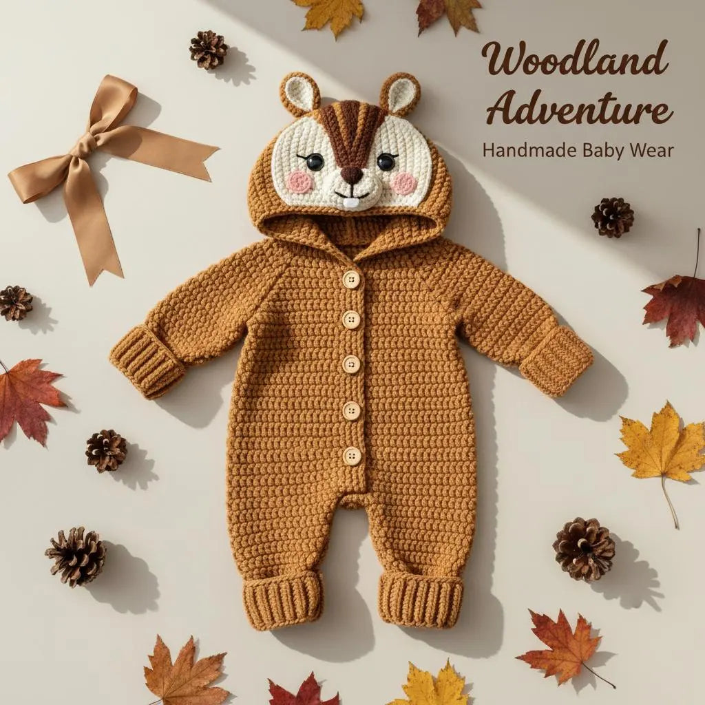 Personalized Crochet Squirrel Baby Romper, Woodland Hooded Animal Outfit, Newborn Photo Prop, Fall Baby Costume, Shower Gift