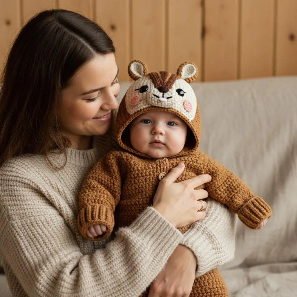 Personalized Crochet Squirrel Baby Romper, Woodland Hooded Animal Outfit, Newborn Photo Prop, Fall Baby Costume, Shower Gift
