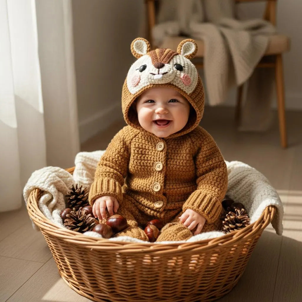 Personalized Crochet Squirrel Baby Romper, Woodland Hooded Animal Outfit, Newborn Photo Prop, Fall Baby Costume, Shower Gift