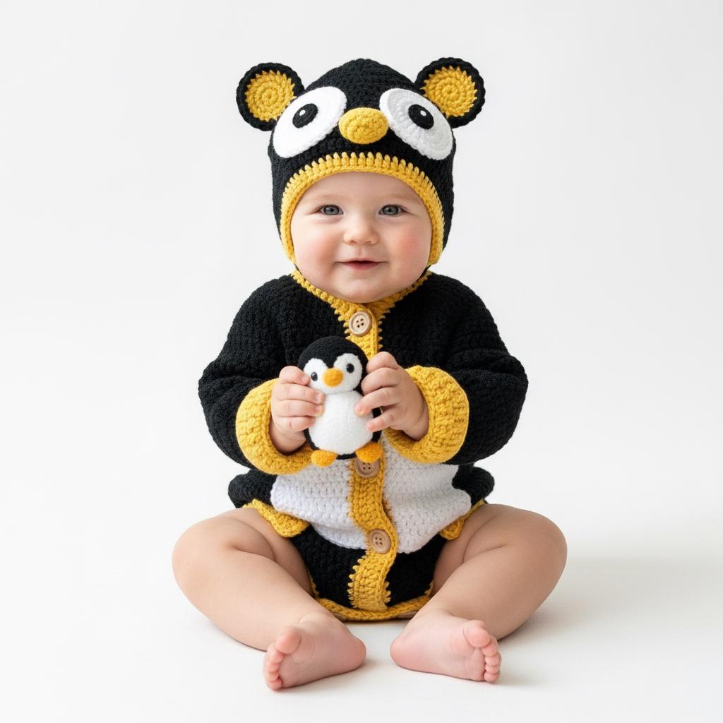 Crochet Penguin Baby Romper, Handmade Hooded Costume, Newborn Photo Prop, Baby’s First Halloween Outfit, Winter Baby Gift