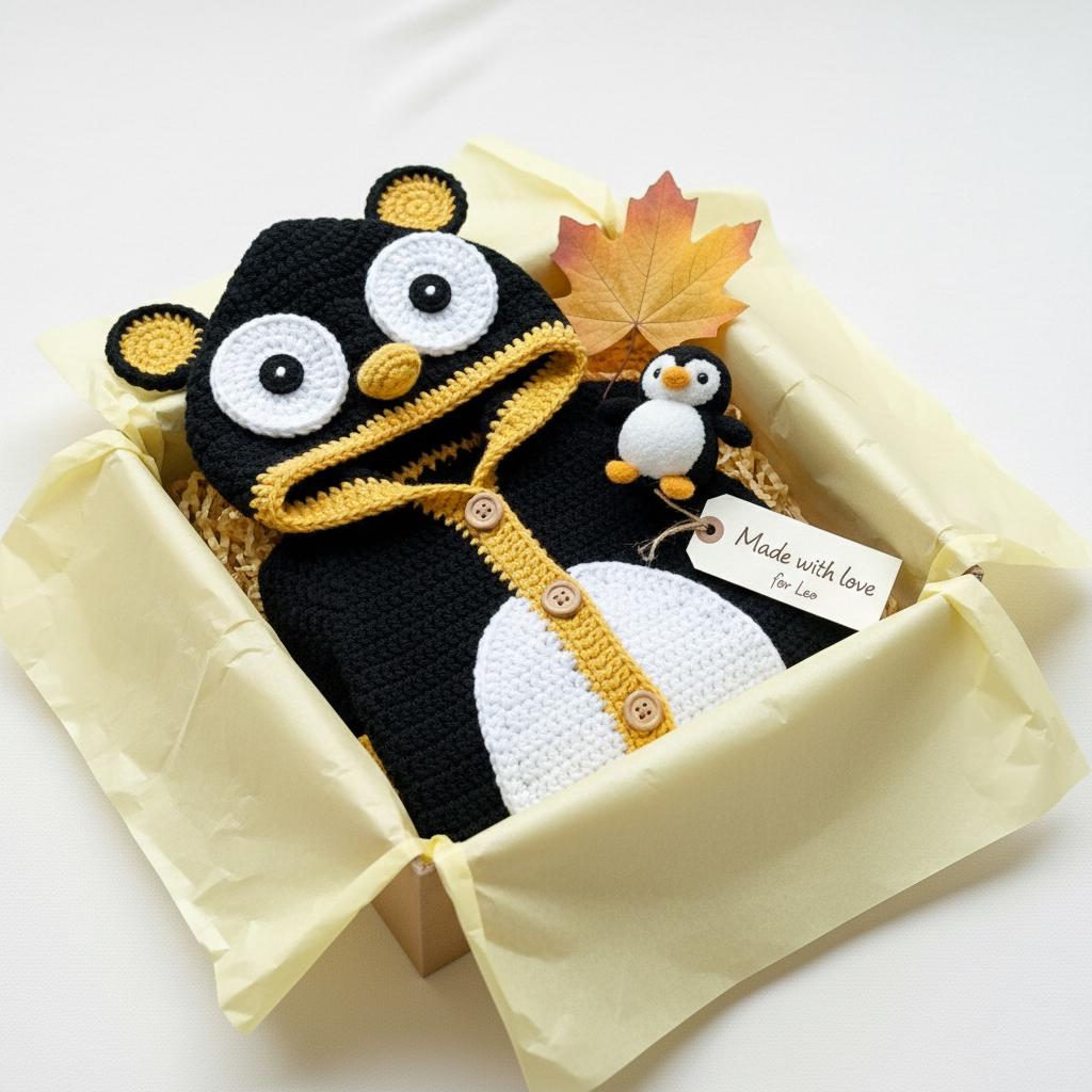 Crochet Penguin Baby Romper, Handmade Hooded Costume, Newborn Photo Prop, Baby’s First Halloween Outfit, Winter Baby Gift