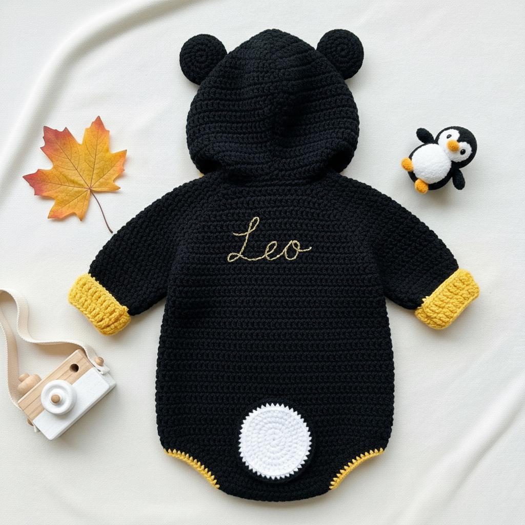 Crochet Penguin Baby Romper, Handmade Hooded Costume, Newborn Photo Prop, Baby’s First Halloween Outfit, Winter Baby Gift