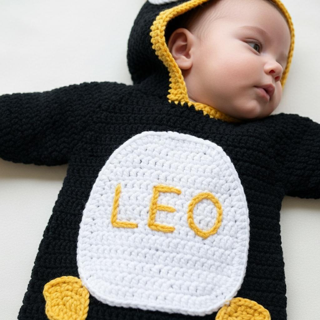 Crochet Penguin Baby Romper, Handmade Hooded Costume, Newborn Photo Prop, Baby’s First Halloween Outfit, Winter Baby Gift