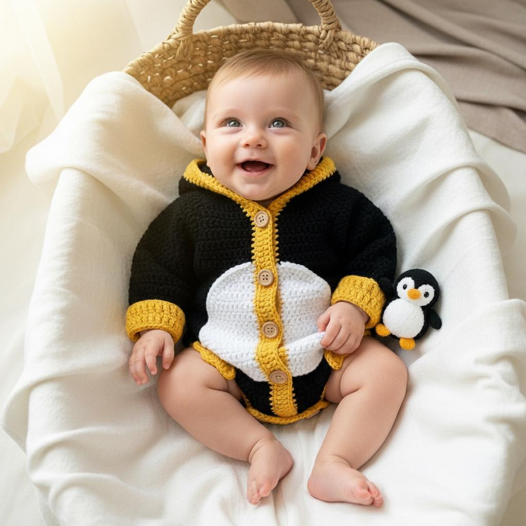 Crochet Penguin Baby Romper, Handmade Hooded Costume, Newborn Photo Prop, Baby’s First Halloween Outfit, Winter Baby Gift